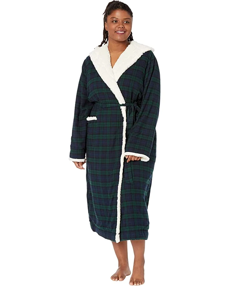 L.L.Bean Sleepwear Plus Size Scotch Plaid Flannel Sherpa Lined Long Robe