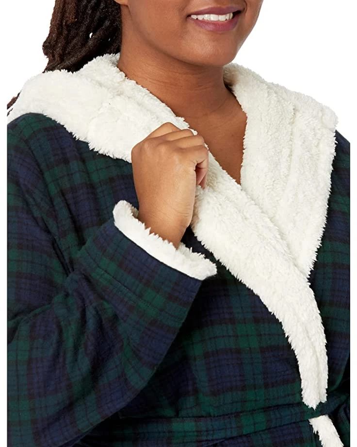 L.L.Bean Sleepwear Plus Size Scotch Plaid Flannel Sherpa Lined Long Robe - Image 3